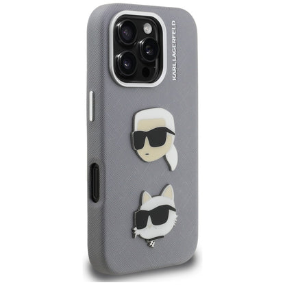 Karl Lagerfeld FW Grained Karl &amp; Choupette Heads Pins Case for iPhone 16 Pro - Gray_3
