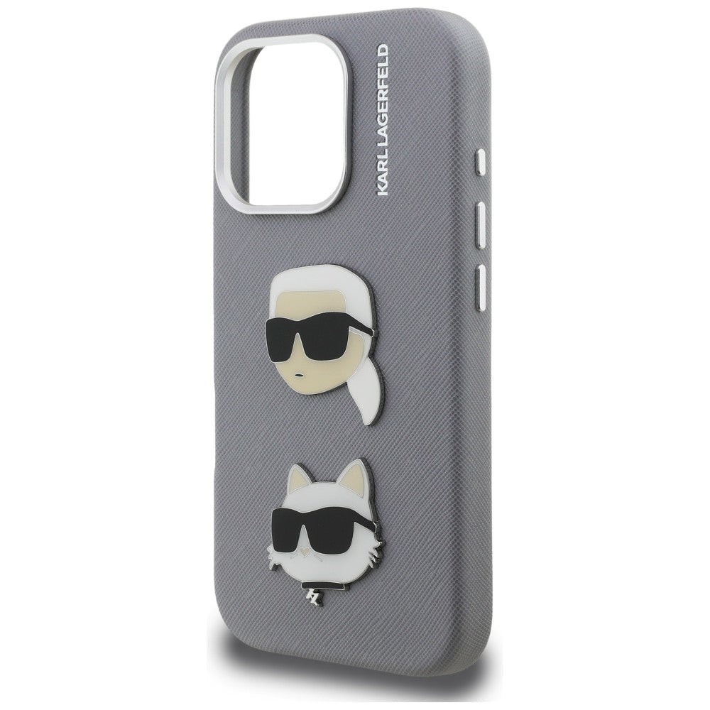 Karl Lagerfeld FW Grained Karl &amp; Choupette Heads Pins Case for iPhone 16 Pro - Gray_5