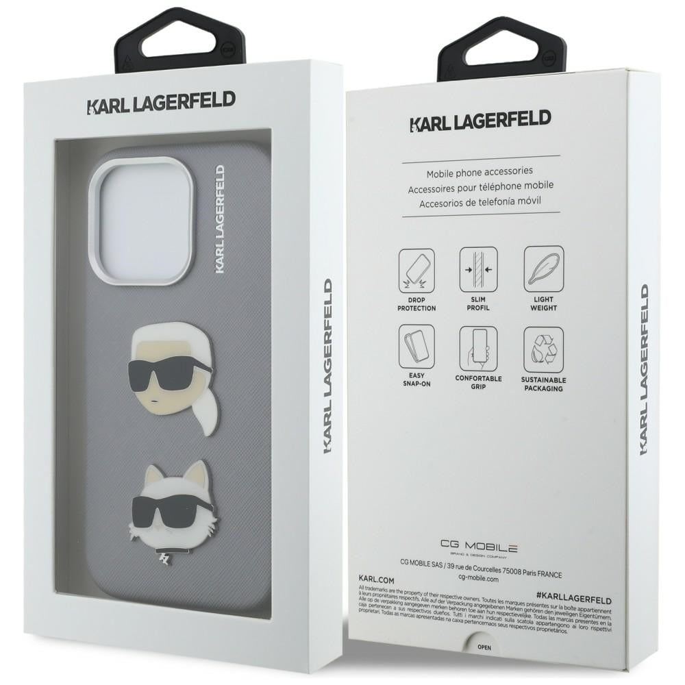 Karl Lagerfeld FW Grained Karl &amp; Choupette Heads Pins Case for iPhone 16 Pro - Gray_7