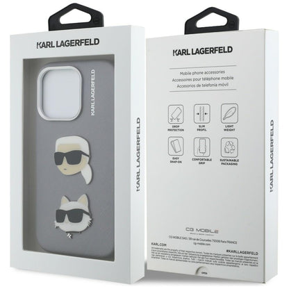 Karl Lagerfeld FW Grained Karl &amp; Choupette Heads Pins Case for iPhone 16 Pro - Gray_7