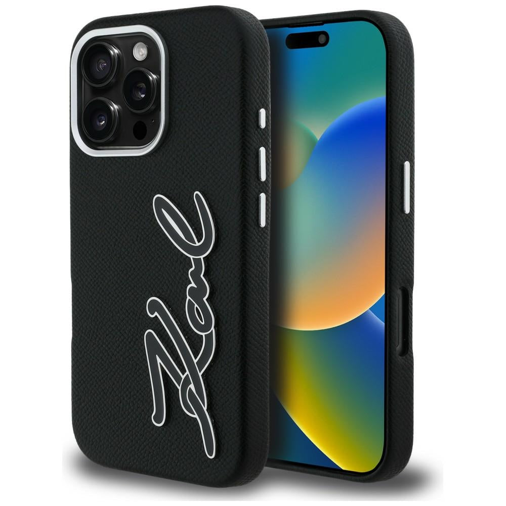 Karl Lagerfeld FW Grained Signature Logo iPhone 16 Pro Case - Black_0