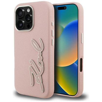 Karl Lagerfeld FW Grained Signature Logo iPhone 16 Pro Max Case - Pink_0