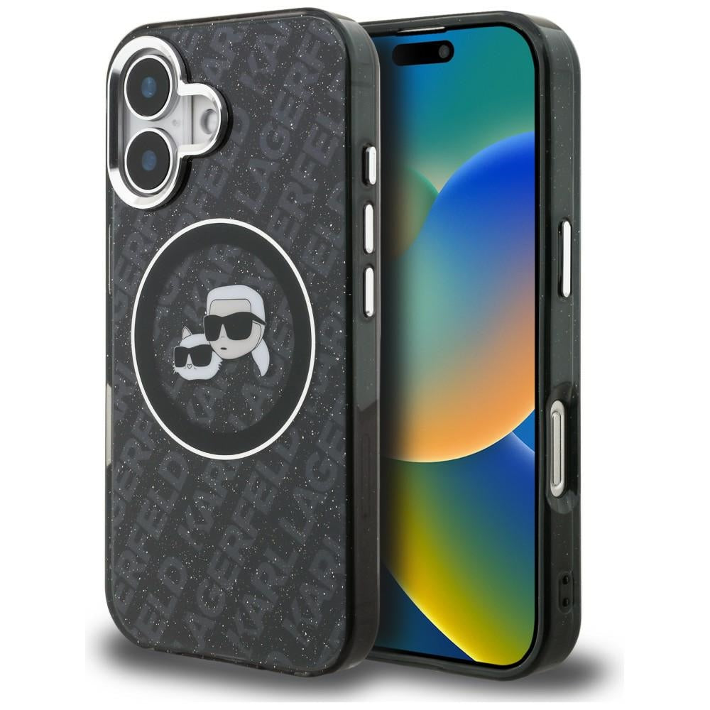 Karl Lagerfeld IML Glitter Karl &amp; Choupette Heads Logo MagSafe Case for iPhone 16 - Black_0