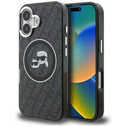 Karl Lagerfeld IML Glitter Karl &amp; Choupette Heads Logo MagSafe Case for iPhone 16 - Black_0