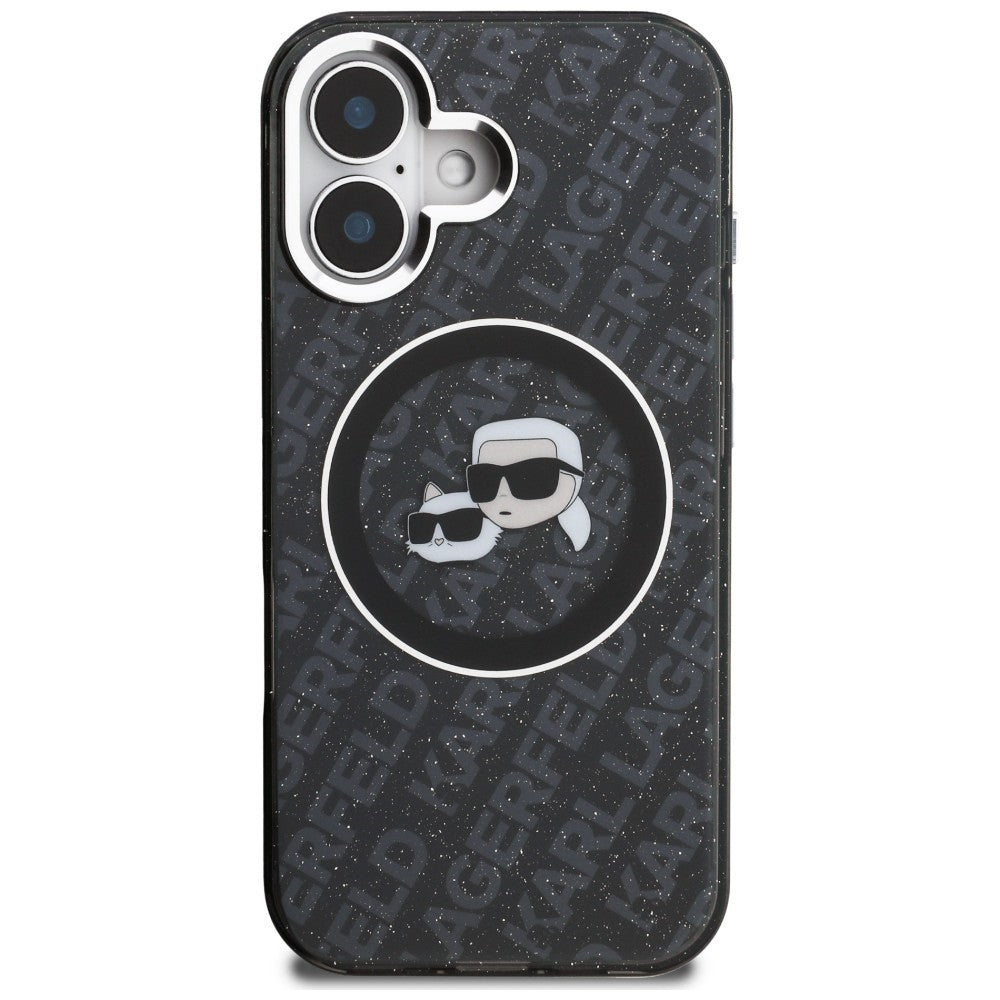Karl Lagerfeld IML Glitter Karl &amp; Choupette Heads Logo MagSafe Case for iPhone 16 - Black_2