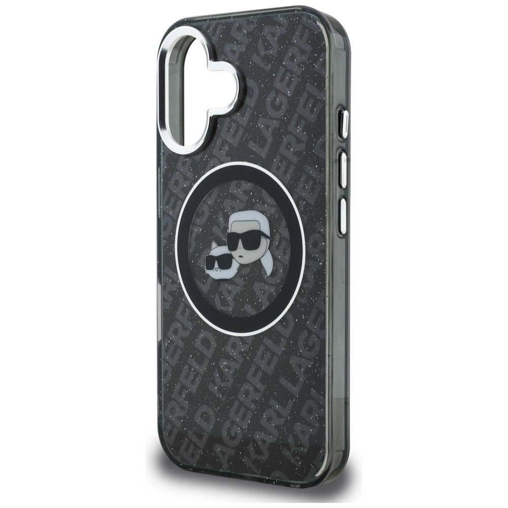 Karl Lagerfeld IML Glitter Karl &amp; Choupette Heads Logo MagSafe Case for iPhone 16 - Black_5