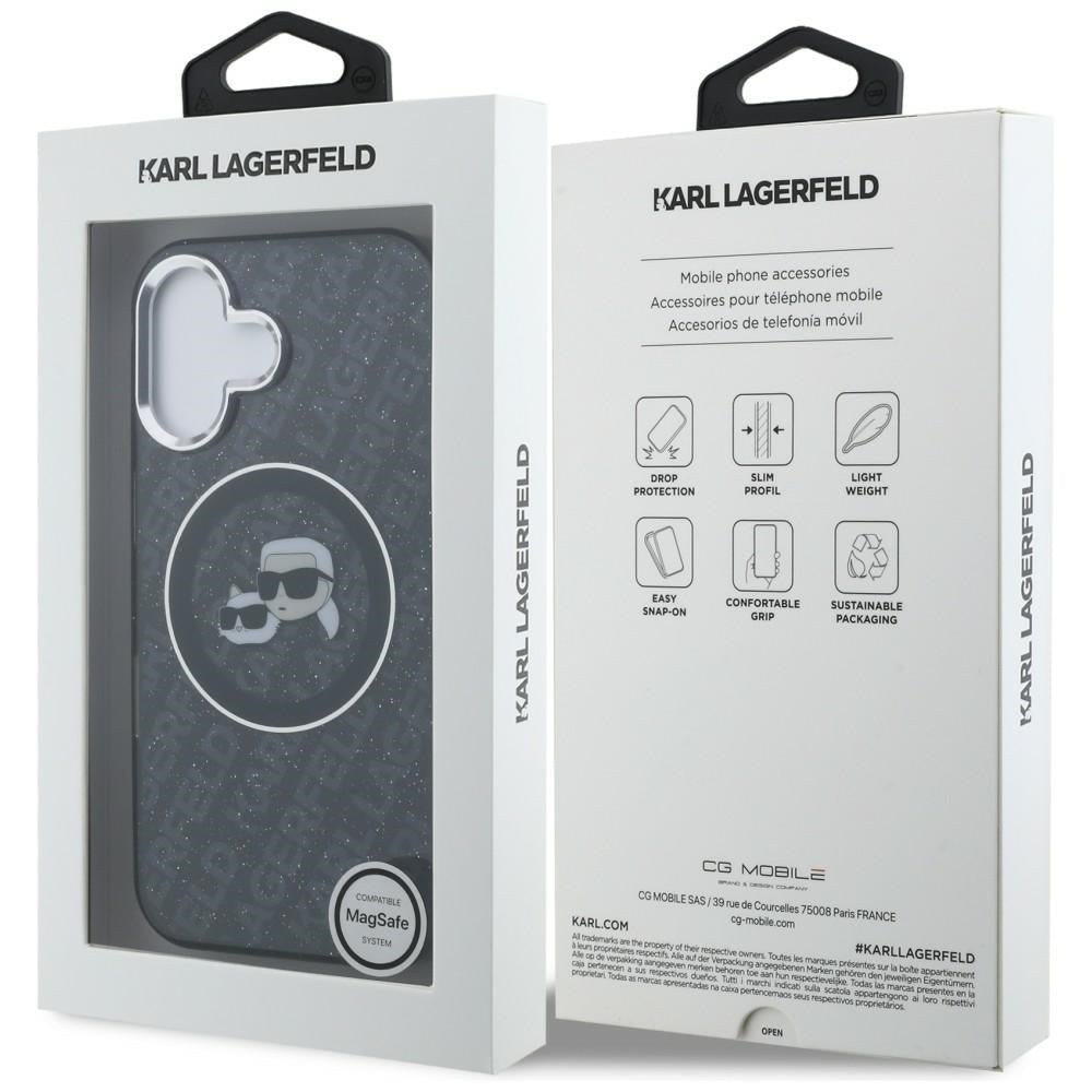 Karl Lagerfeld IML Glitter Karl &amp; Choupette Heads Logo MagSafe Case for iPhone 16 - Black_7