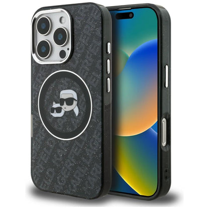 Karl Lagerfeld IML Glitter Karl &amp; Choupette Heads Logo MagSafe Case for iPhone 16 Pro - Black_0