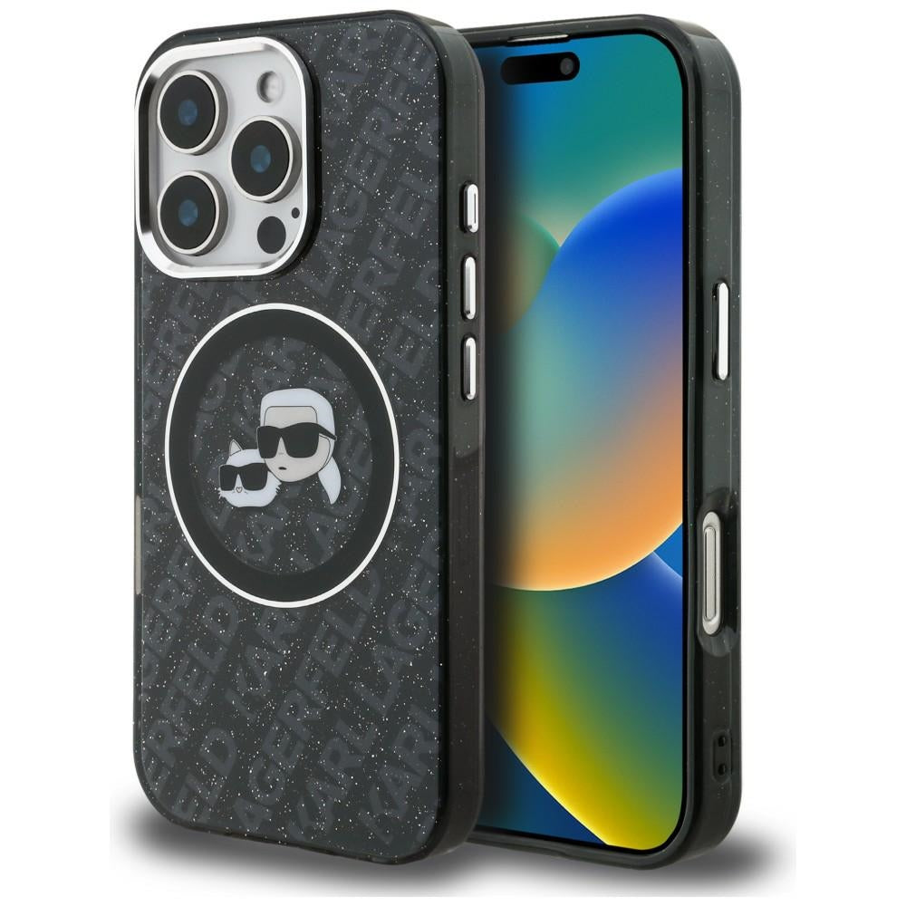 Karl Lagerfeld IML Glitter Karl &amp; Choupette Heads Logo MagSafe Case for iPhone 16 Pro Max - Black_0