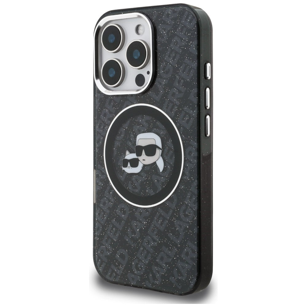 Karl Lagerfeld IML Glitter Karl &amp; Choupette Heads Logo MagSafe Case for iPhone 16 Pro Max - Black_1