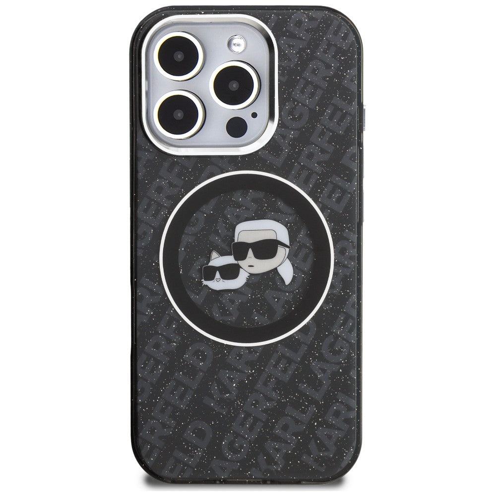 Karl Lagerfeld IML Glitter Karl &amp; Choupette Heads Logo MagSafe Case for iPhone 16 Pro Max - Black_2