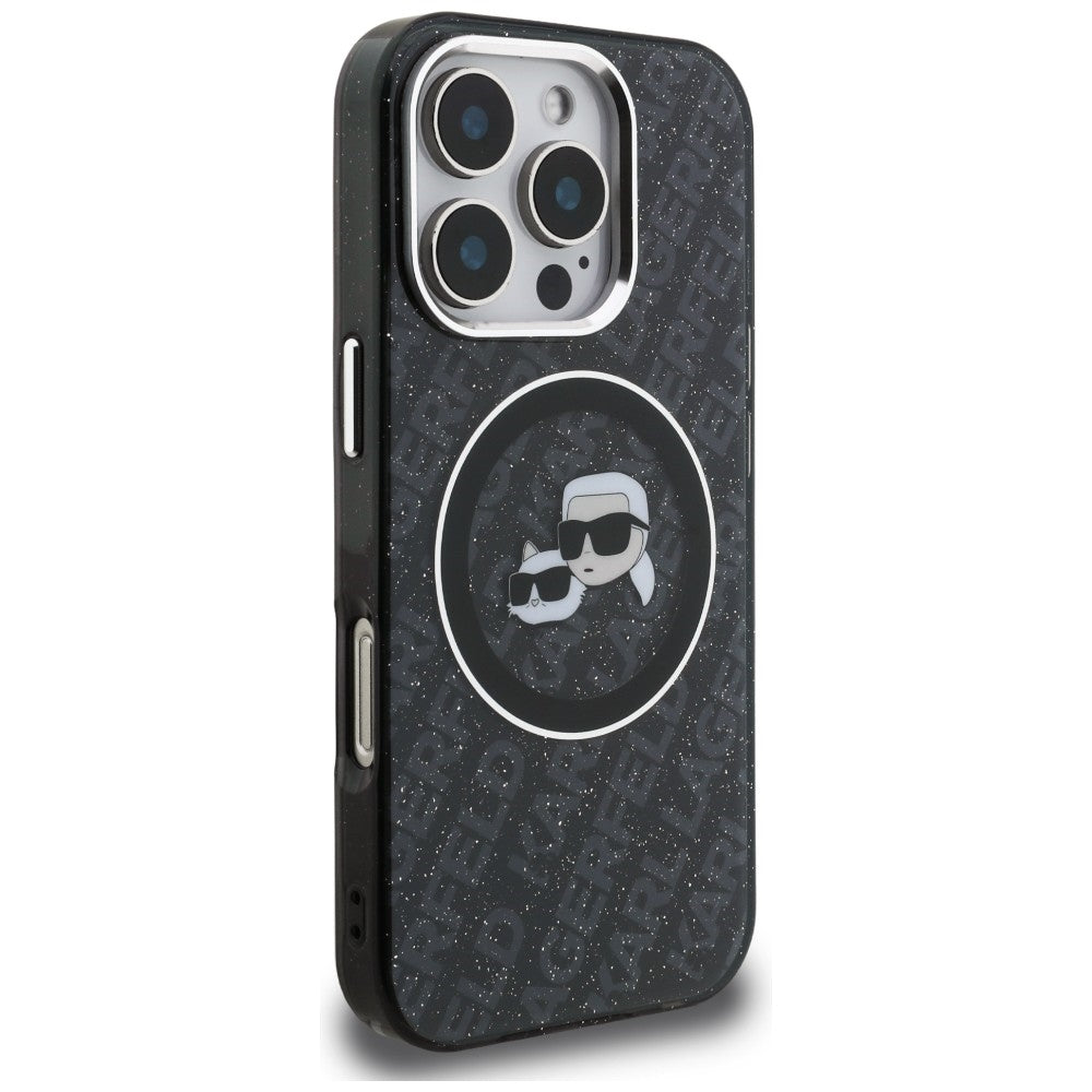 Karl Lagerfeld IML Glitter Karl &amp; Choupette Heads Logo MagSafe Case for iPhone 16 Pro Max - Black_3