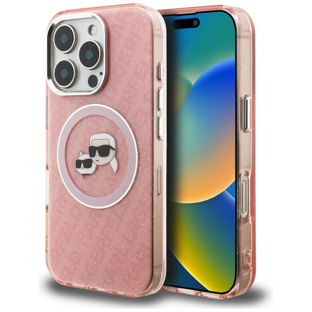 Karl Lagerfeld IML Glitter Karl &amp; Choupette Heads Logo MagSafe Case for iPhone 16 Pro Max - Pink_0