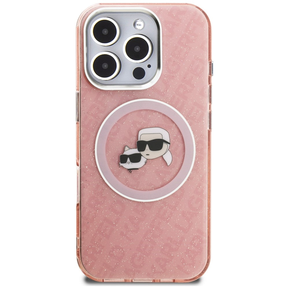 Karl Lagerfeld IML Glitter Karl &amp; Choupette Heads Logo MagSafe Case for iPhone 16 Pro Max - Pink_2