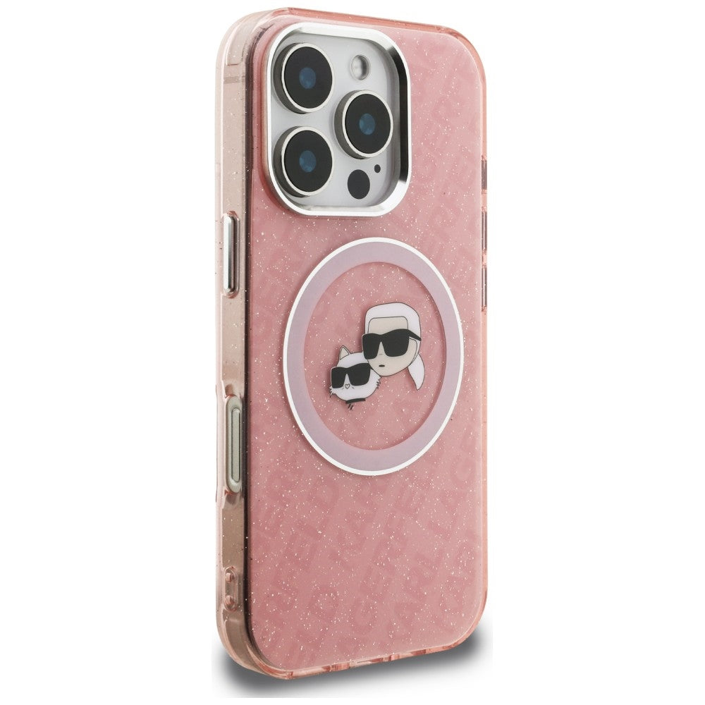 Karl Lagerfeld IML Glitter Karl &amp; Choupette Heads Logo MagSafe Case for iPhone 16 Pro Max - Pink_3