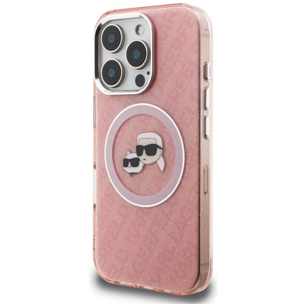 Karl Lagerfeld IML Glitter Karl &amp; Choupette Heads Logo MagSafe Case for iPhone 16 Pro - Pink_1