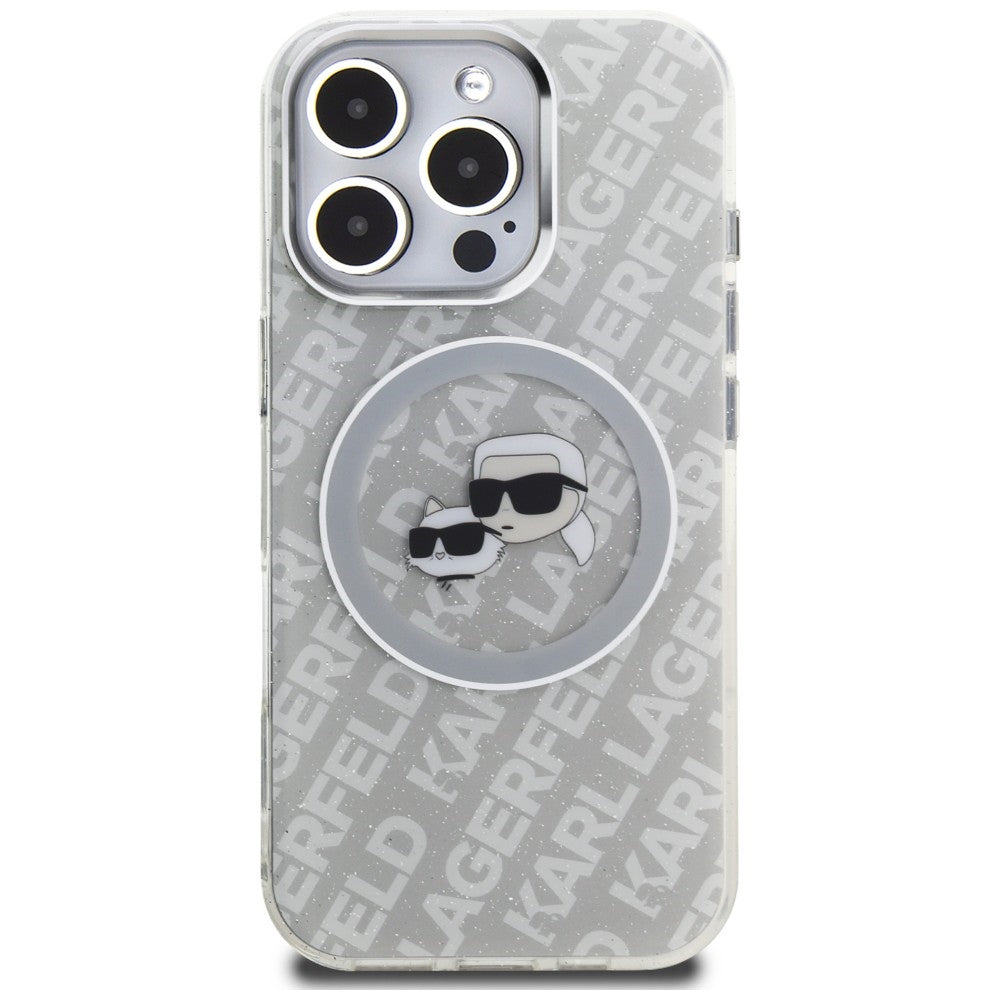 Karl Lagerfeld IML Glitter Karl &amp; Choupette Heads Logo MagSafe Case for iPhone 16 Pro - Gray_2