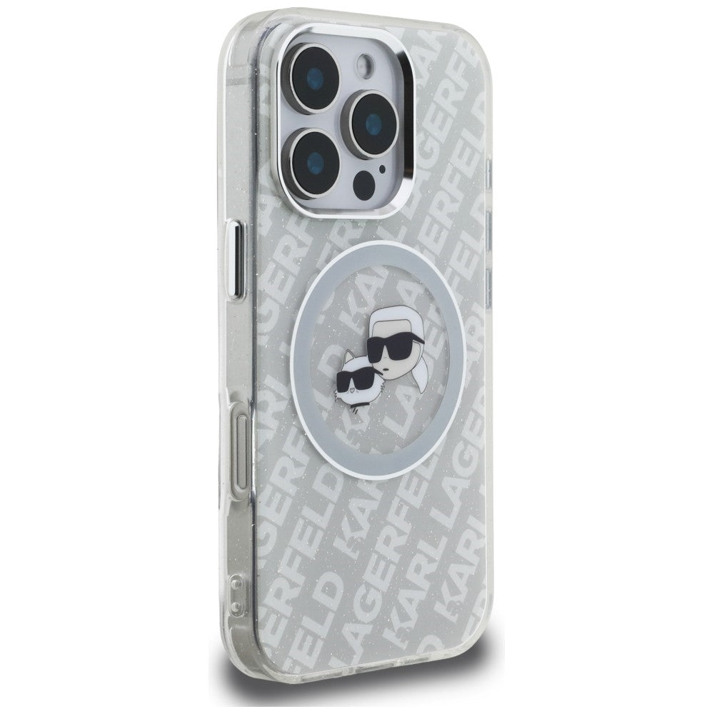 Karl Lagerfeld IML Glitter Karl &amp; Choupette Heads Logo MagSafe Case for iPhone 16 Pro - Gray_3