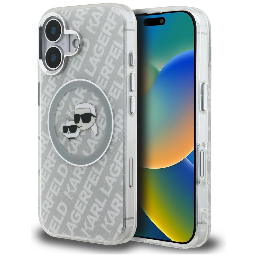 Karl Lagerfeld IML Glitter Karl &amp; Choupette Heads Logo MagSafe iPhone 16 Case - Gray_0