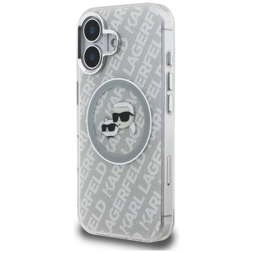 Karl Lagerfeld IML Glitter Karl &amp; Choupette Heads Logo MagSafe iPhone 16 Case - Gray_1
