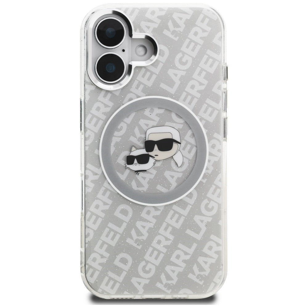 Karl Lagerfeld IML Glitter Karl &amp; Choupette Heads Logo MagSafe iPhone 16 Case - Gray_2