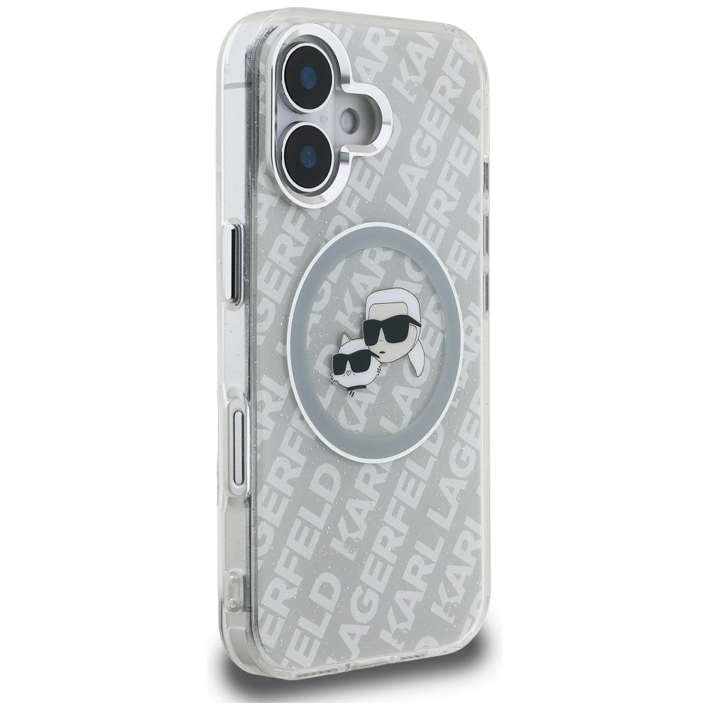Karl Lagerfeld IML Glitter Karl &amp; Choupette Heads Logo MagSafe iPhone 16 Case - Gray_3