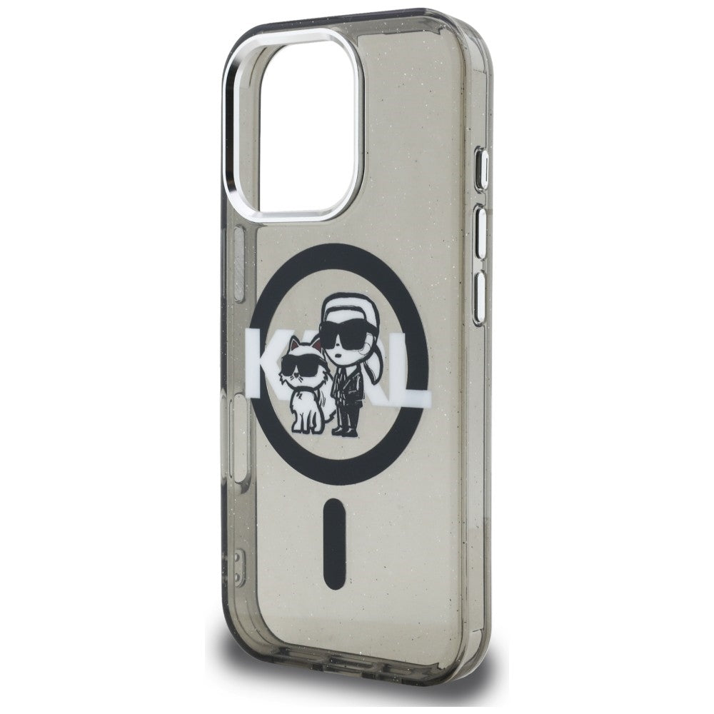Karl Lagerfeld IML Glitter Karl &amp; Choupette Sketch Logo MagSafe Case for iPhone 16 Pro - Black_5