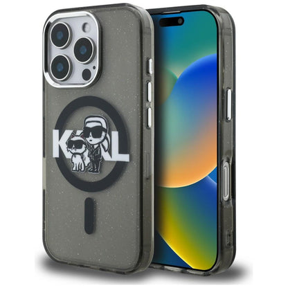 Karl Lagerfeld IML Glitter Karl &amp; Choupette Sketch Logo MagSafe Case for iPhone 16 Pro Max - Black_0