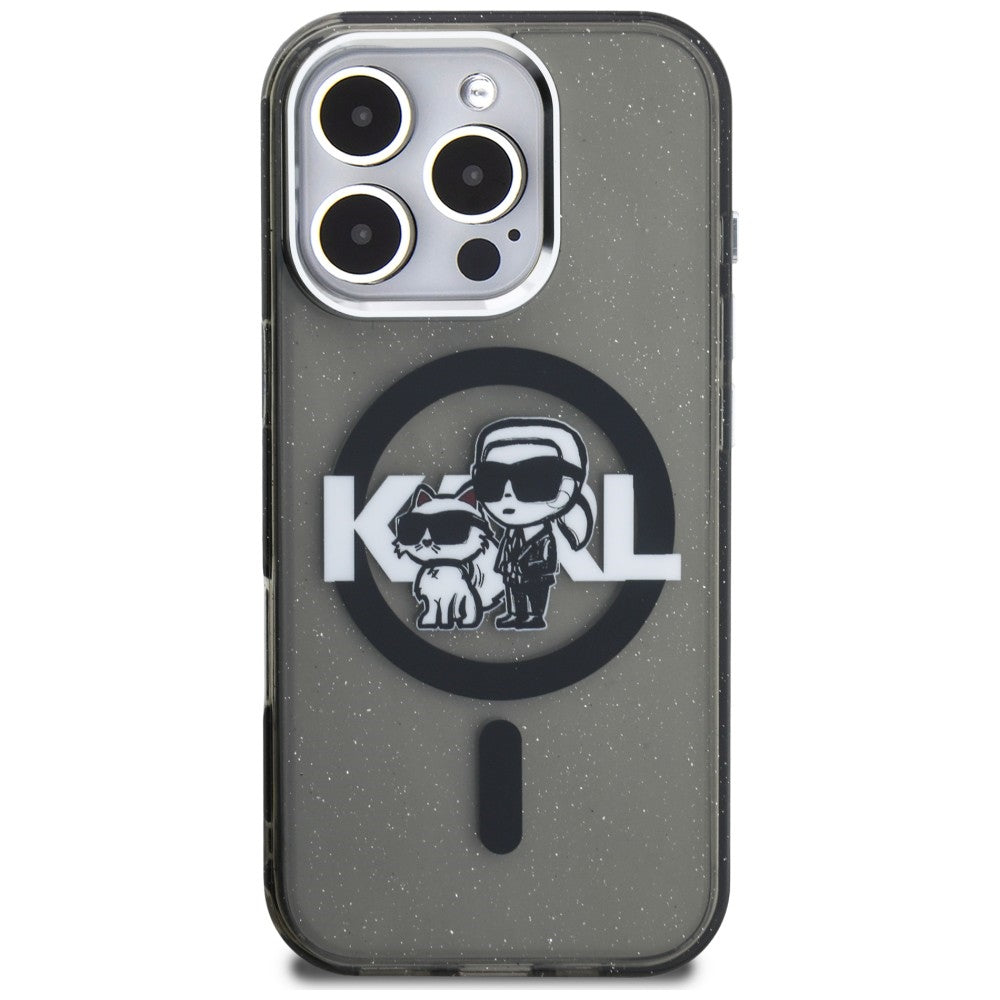Karl Lagerfeld IML Glitter Karl &amp; Choupette Sketch Logo MagSafe Case for iPhone 16 Pro Max - Black_2