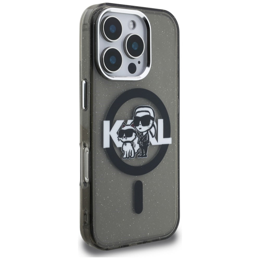 Karl Lagerfeld IML Glitter Karl &amp; Choupette Sketch Logo MagSafe Case for iPhone 16 Pro Max - Black_3