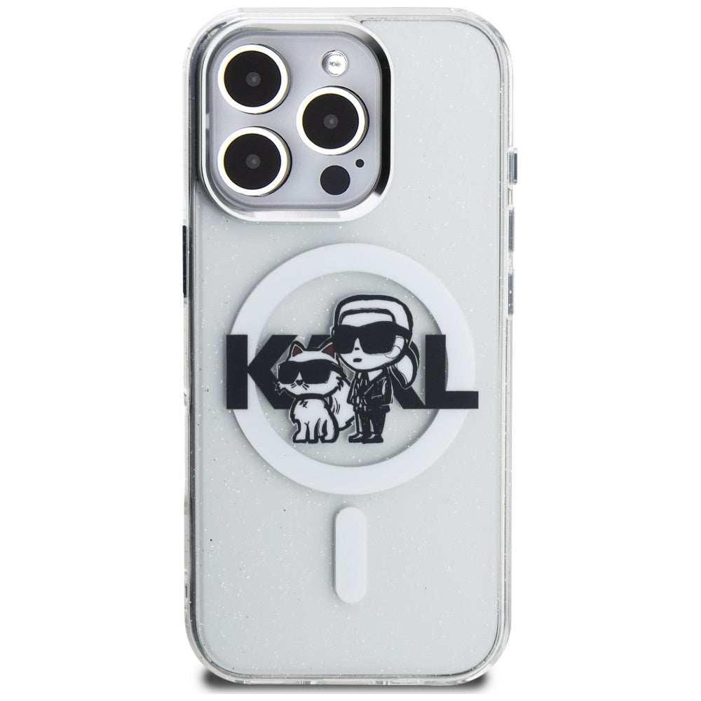 Karl Lagerfeld IML Glitter Karl &amp; Choupette Sketch Logo MagSafe Case for iPhone 16 Pro Max - Clear_2