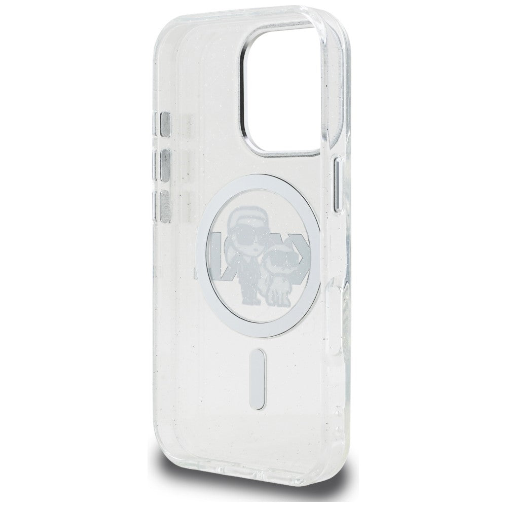 Karl Lagerfeld IML Glitter Karl &amp; Choupette Sketch Logo MagSafe Case for iPhone 16 Pro - Clear_6