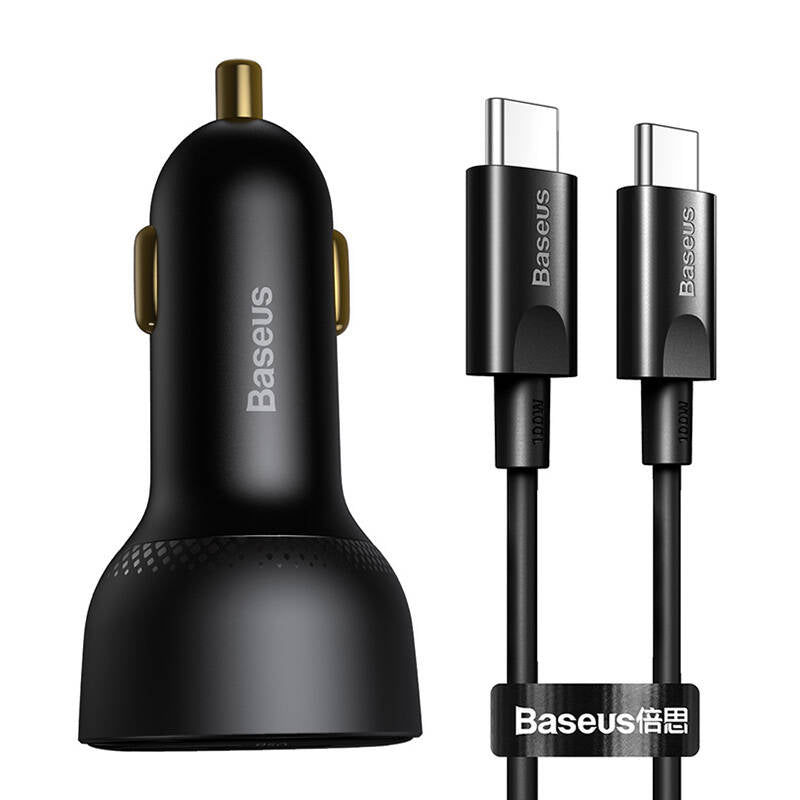 Car charger Baseus Superme, USB, USB-C, 100W + USB-C cable (black)_0