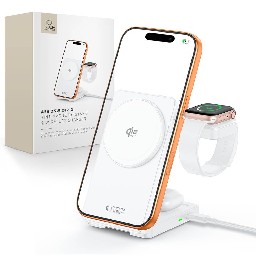 Tech-Protect A56 3in1 MagSafe 25W QI2.2 Wireless Charger + USB-C / USB-C Cable 100cm - White_0