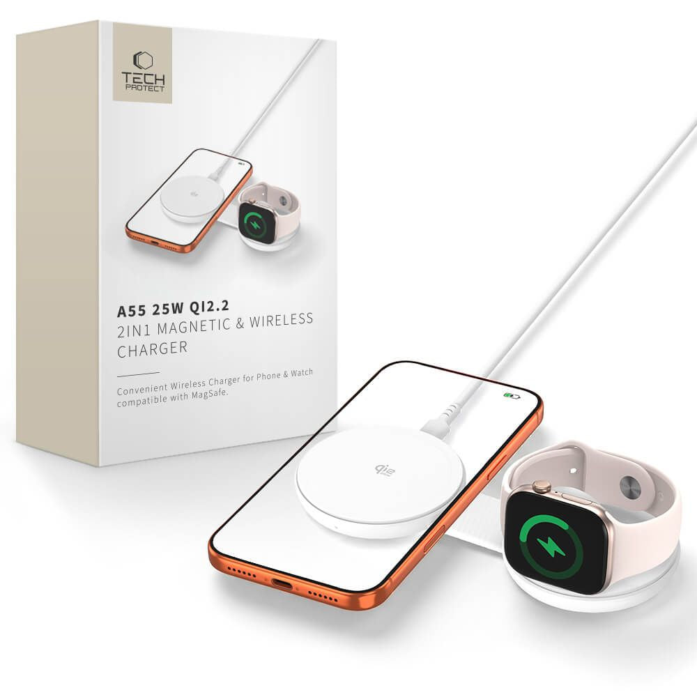 Tech-Protect A55 2in1 MagSafe 25W QI2.2 Wireless Charger + USB-C / USB-C Cable 100cm - White_0