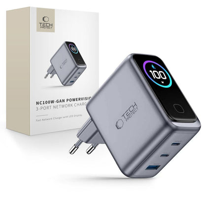 Tech-Protect PowerVision NC100W-GaN 3-Port PD 100W / QC3.0 Wall Charger - Dark Gray_0