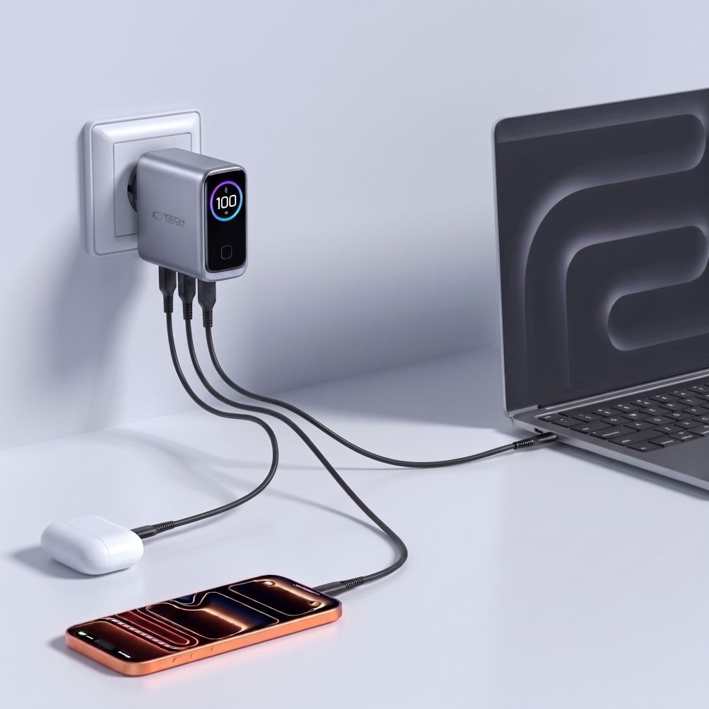 Tech-Protect PowerVision NC100W-GaN 3-Port PD 100W / QC3.0 Wall Charger - Dark Gray_5