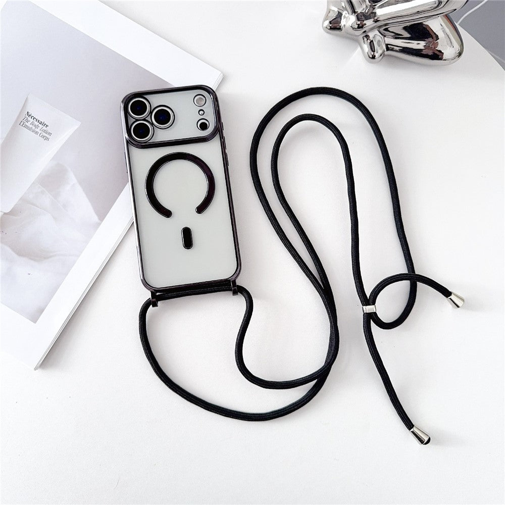 For iPhone 18 Pro / 17 Pro Case Compatible with MagSafe Electroplating TPU Phone Cover with Long Lanyard - Black_0