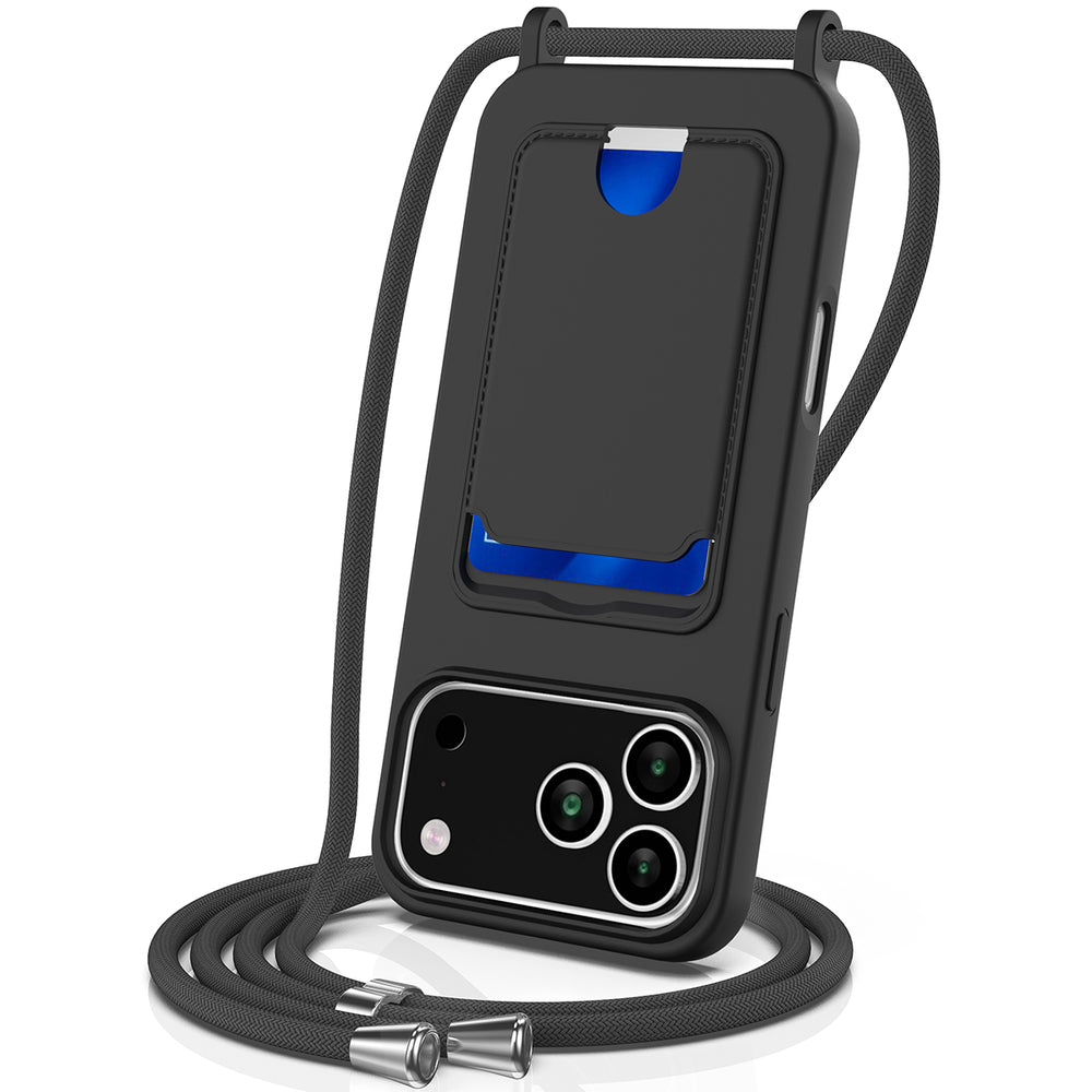 For iPhone 18 Pro / 17 Pro Case Liquid Silicone Card Holder Back Phone Cover with Lanyard - Black_0