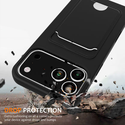 For iPhone 18 Pro / 17 Pro Case Liquid Silicone Card Holder Back Phone Cover with Lanyard - Black_1