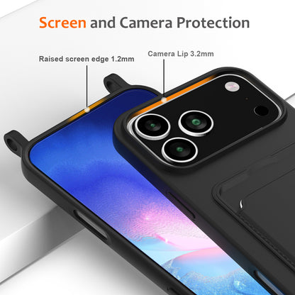 For iPhone 18 Pro / 17 Pro Case Liquid Silicone Card Holder Back Phone Cover with Lanyard - Black_4