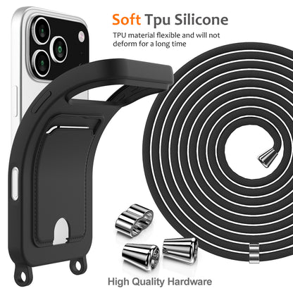 For iPhone 18 Pro / 17 Pro Case Liquid Silicone Card Holder Back Phone Cover with Lanyard - Black_6