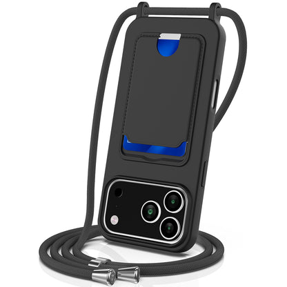 For iPhone 18 Pro Max / 17 Pro Max Case Liquid Silicone Card Holder Back Phone Cover with Lanyard - Black_0