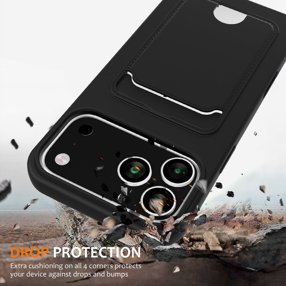 For iPhone 18 Pro Max / 17 Pro Max Case Liquid Silicone Card Holder Back Phone Cover with Lanyard - Black_1