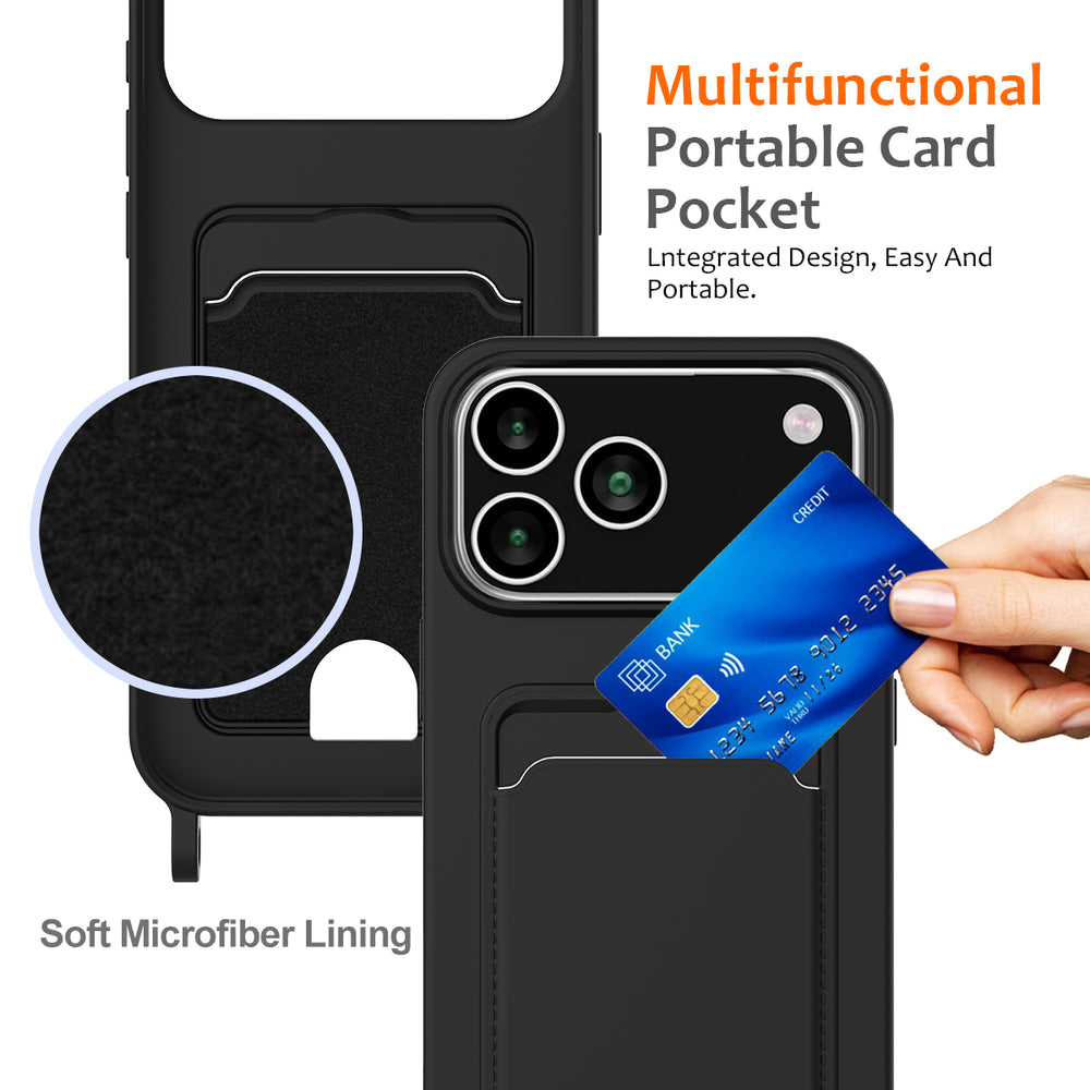 For iPhone 18 Pro Max / 17 Pro Max Case Liquid Silicone Card Holder Back Phone Cover with Lanyard - Black_3