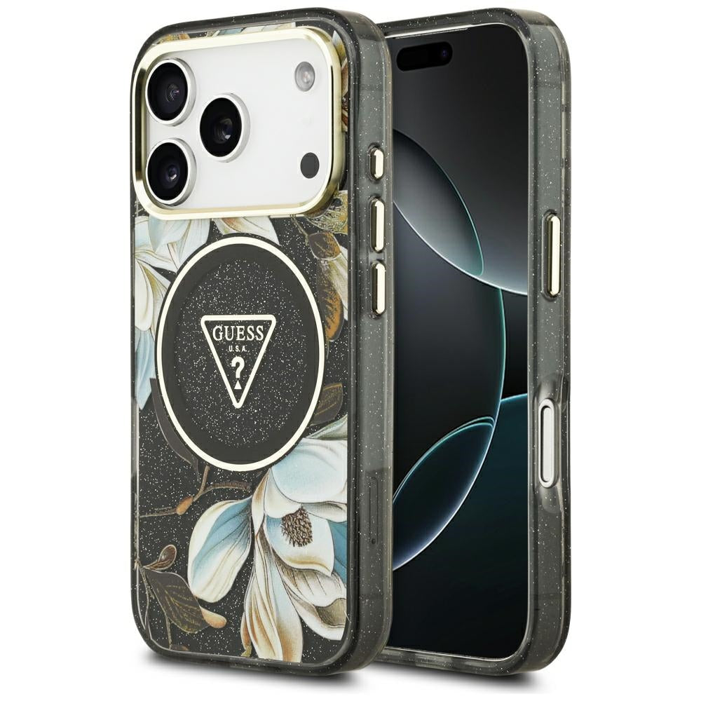 Guess IML Glitter Flowers Triangle MagSafe Case for iPhone 17 Pro / 18 Pro - Black_0