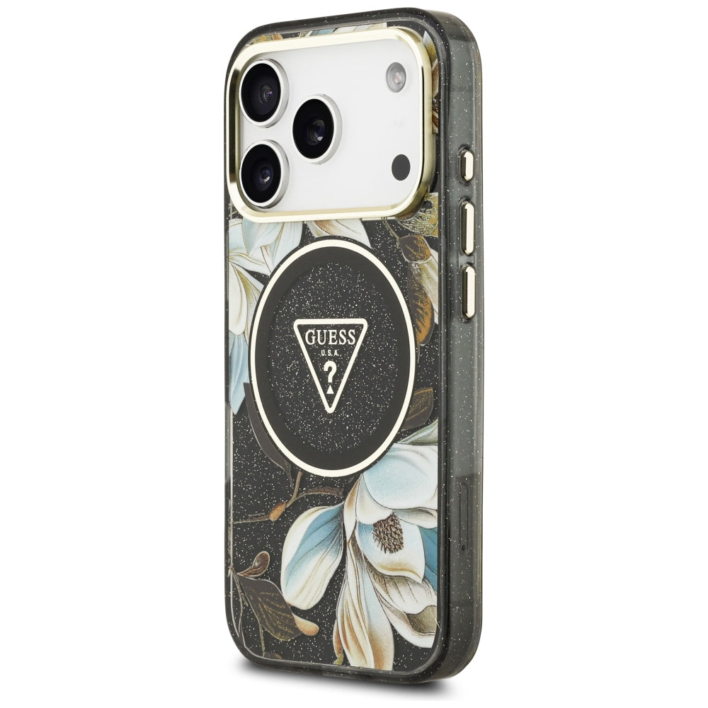 Guess IML Glitter Flowers Triangle MagSafe Case for iPhone 17 Pro / 18 Pro - Black_1