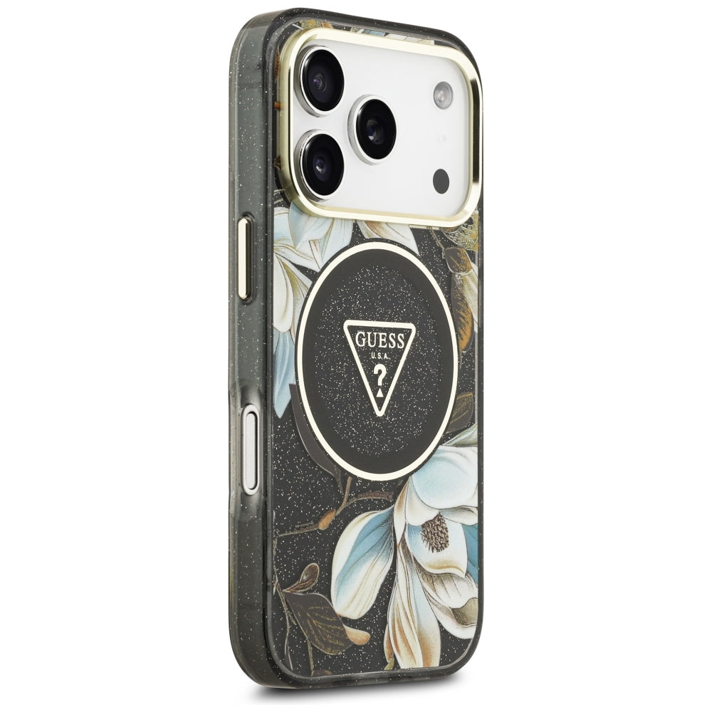 Guess IML Glitter Flowers Triangle MagSafe Case for iPhone 17 Pro / 18 Pro - Black_3
