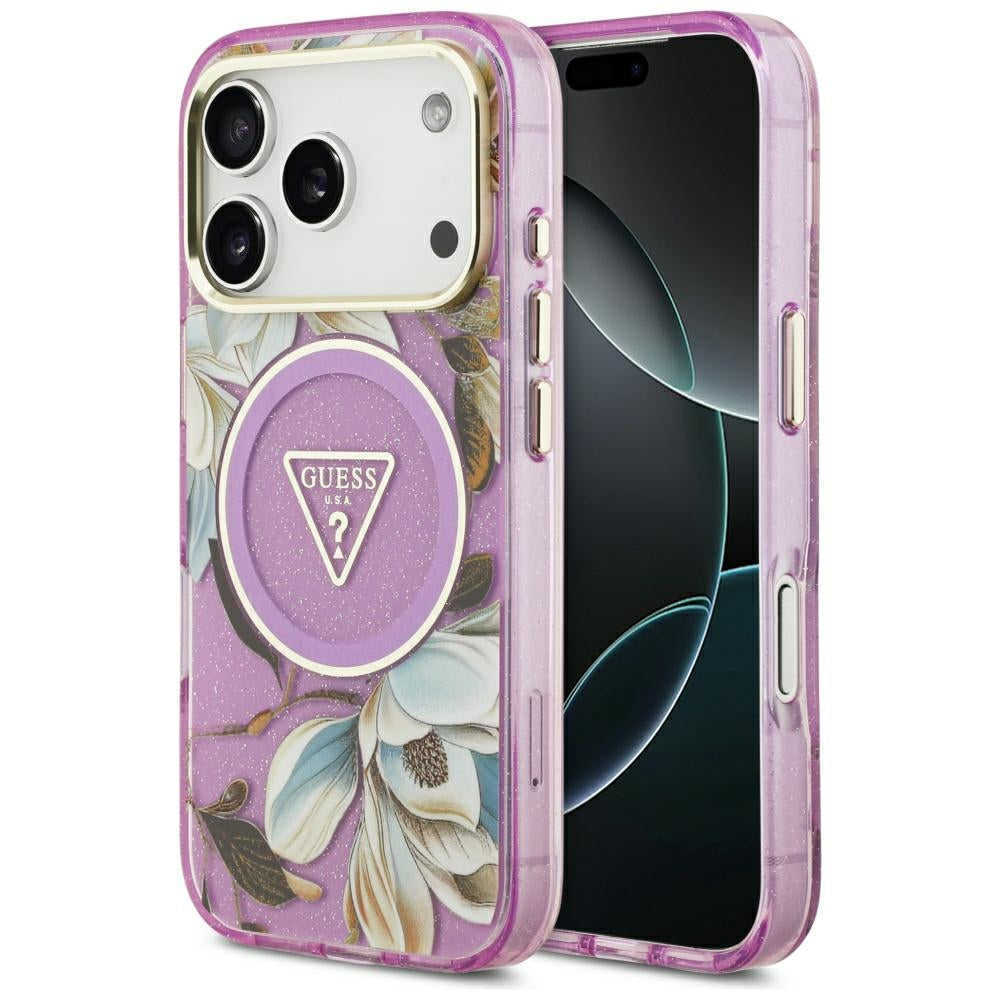 Guess IML Glitter Flowers Triangle MagSafe Case for iPhone 17 Pro / 18 Pro - Purple_0