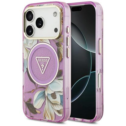 Guess IML Glitter Flowers Triangle MagSafe Case for iPhone 17 Pro / 18 Pro - Purple_0